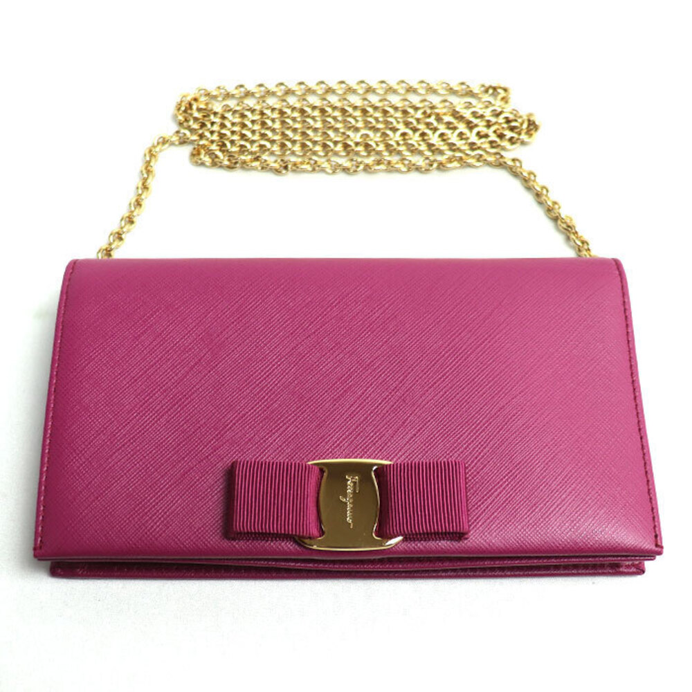 Salvatore Ferragamo Vara Ribbon Chain Wallet Long Leather Shoulder Bag Purple